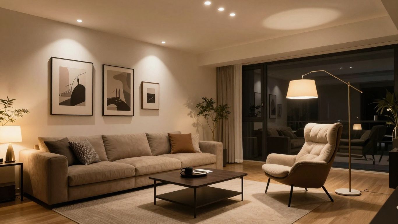 Modern living room with task and accent lighting.