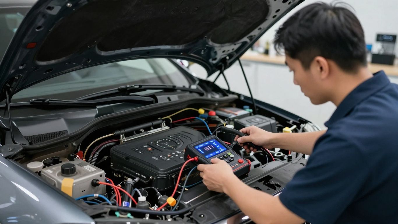 Technician scanning vehicle electrical modules