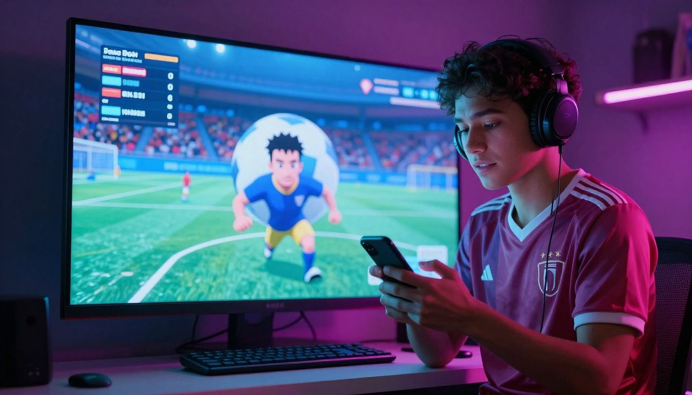 Um jogador de futebol digital celebrando um gol em um estádio moderno com iluminação vibrante