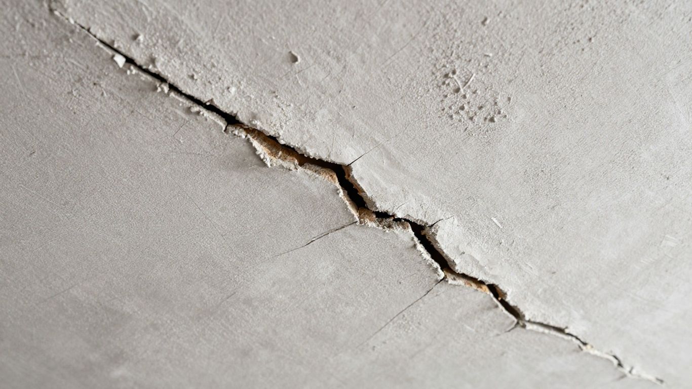 Close-up of a cracked plaster ceiling surface.