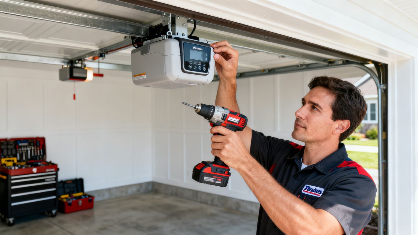Garage door technician demonstrating a new opener