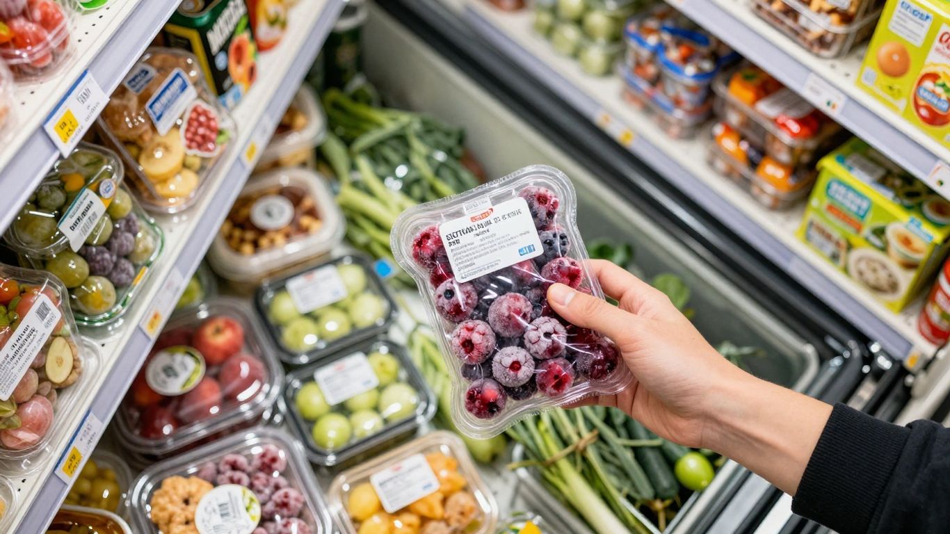 Frozen food aisle with colorful packaging and hand reaching for berries.