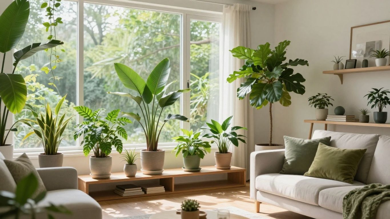 Lush houseplants enhancing a modern living room design.