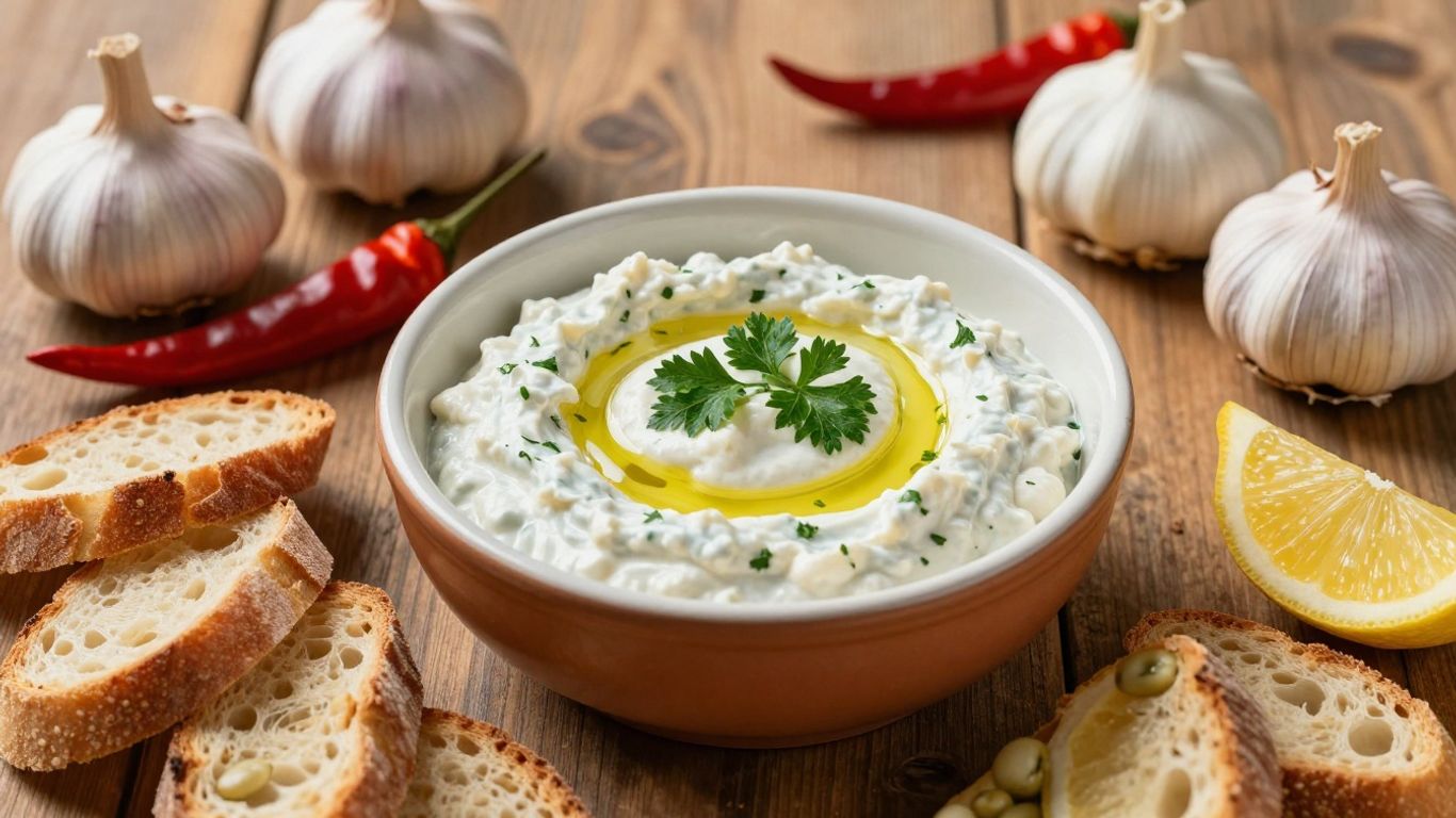 Maltese bigilla dip with bread and garnish, rustic style.