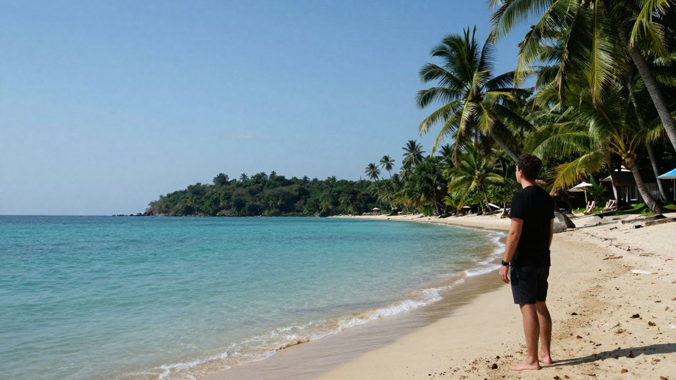 Phuket beach with calm sea and palm trees.