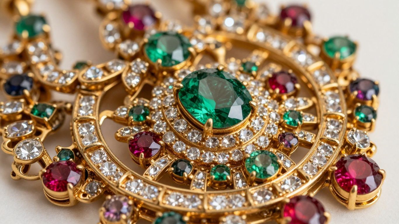Intricate traditional jewellery with sparkling gemstones.