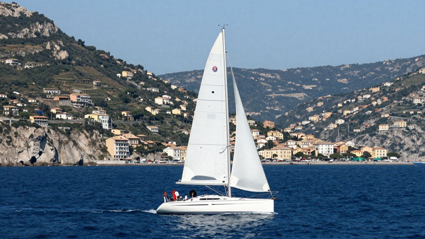 Sailboat on the Italian coast with cliffs and villages.
