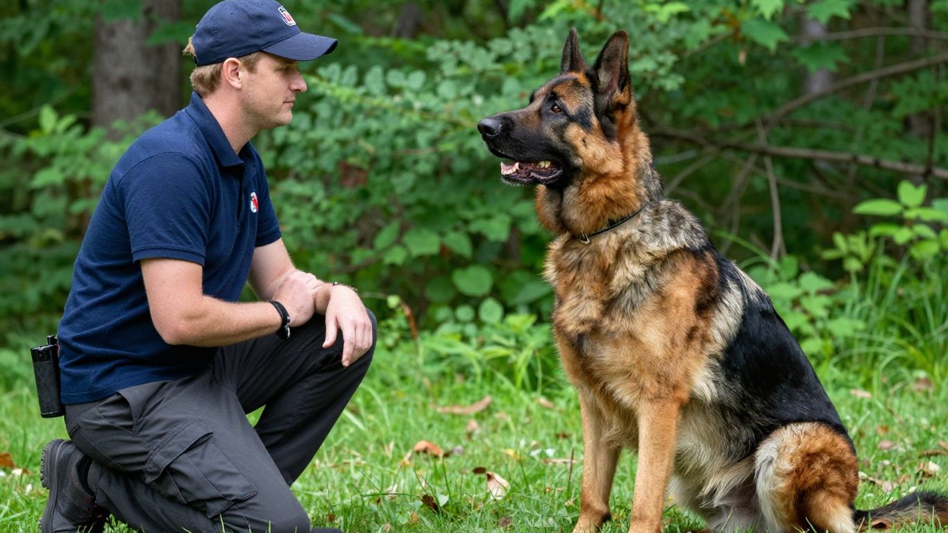 Adult rescue dog and handler in outdoor training setting.