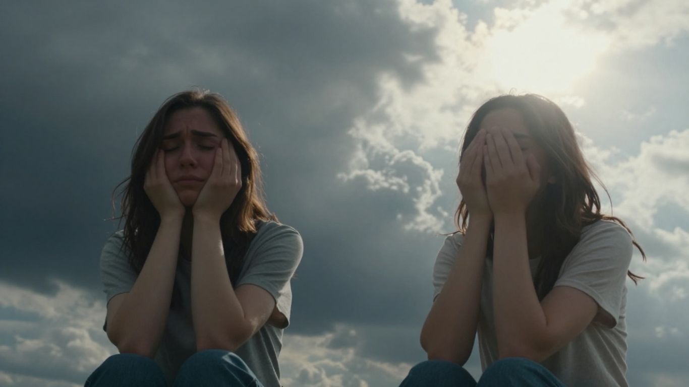 Pessoa em dois estados emocionais contrastantes, sol e tempestade.