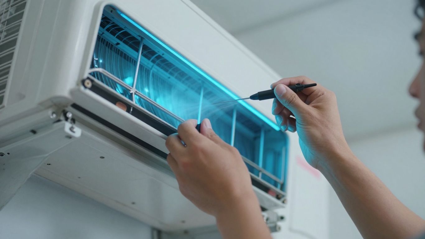 AC repair technician fixing an outdoor cooling unit.