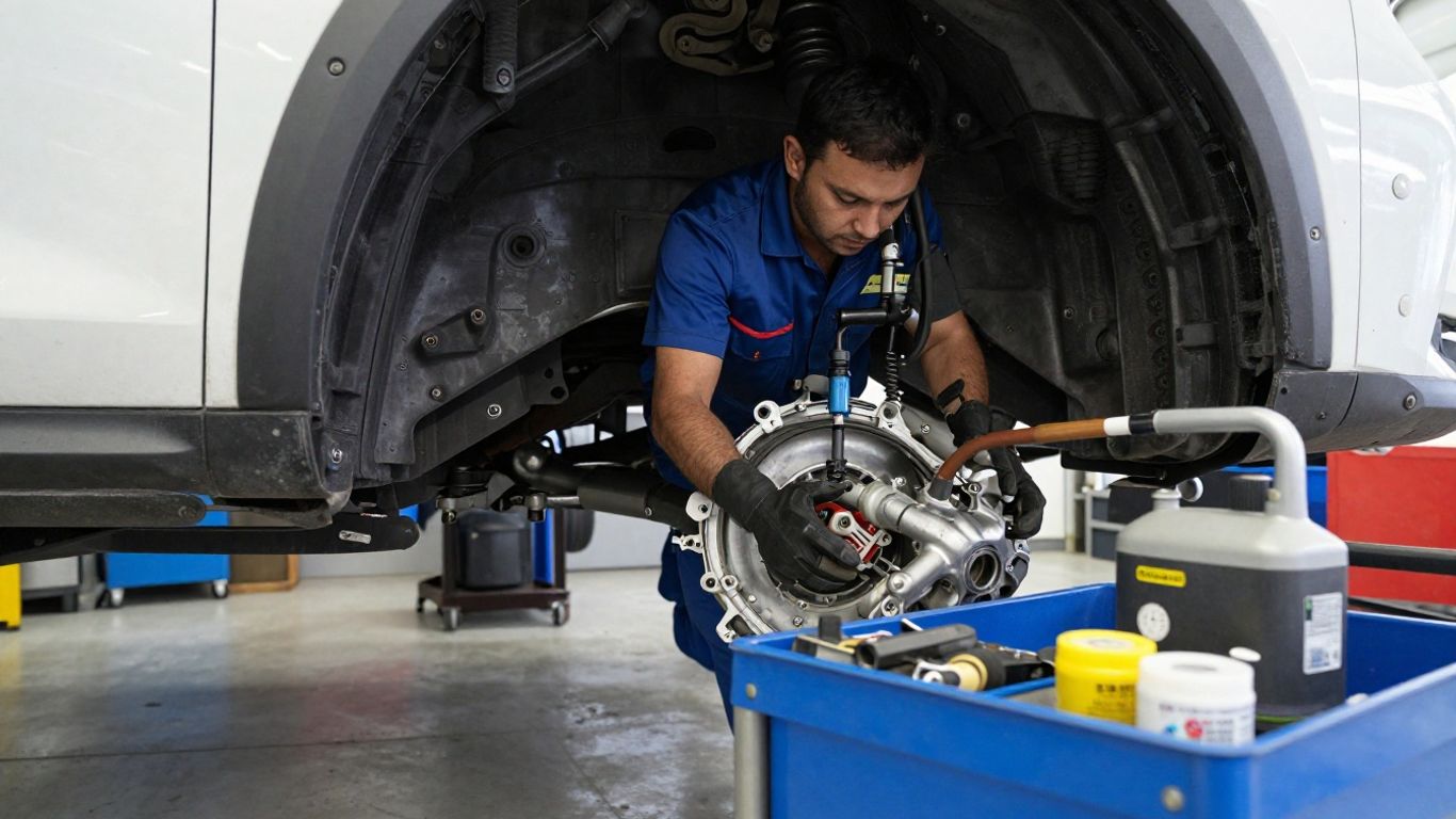 Technician servicing an SUV transmission in workshop