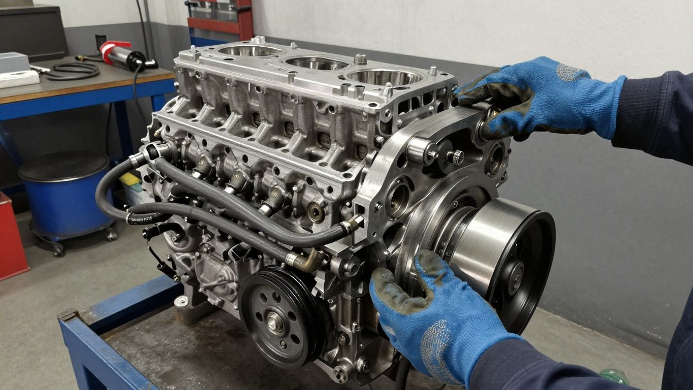 Reconditioned diesel engine on workshop stand