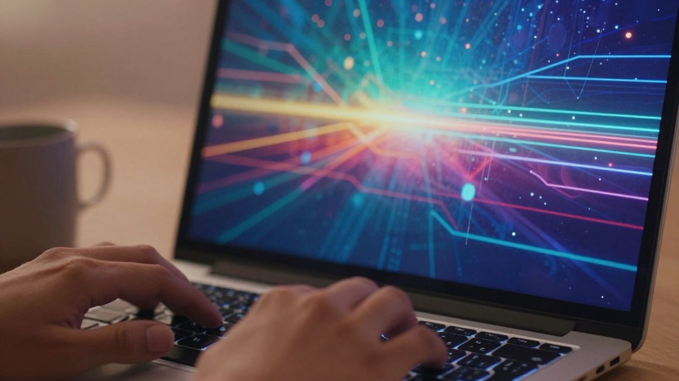 Hands typing on a laptop with a digital landscape on screen.