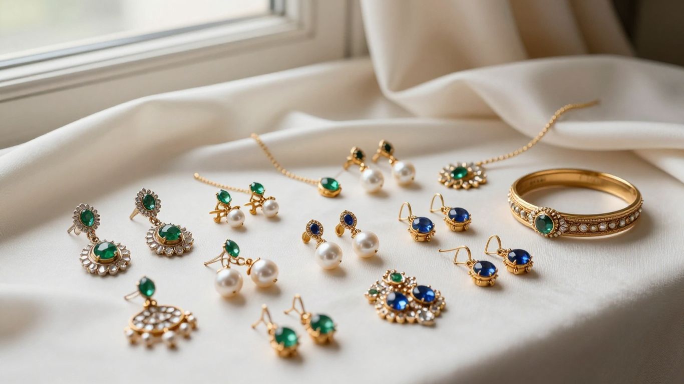 Close-up of bridal gemstones and mixed metal details