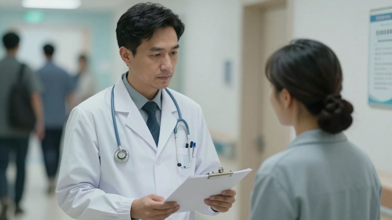 Profesionist medical examinează dosarul pacientului în spital.