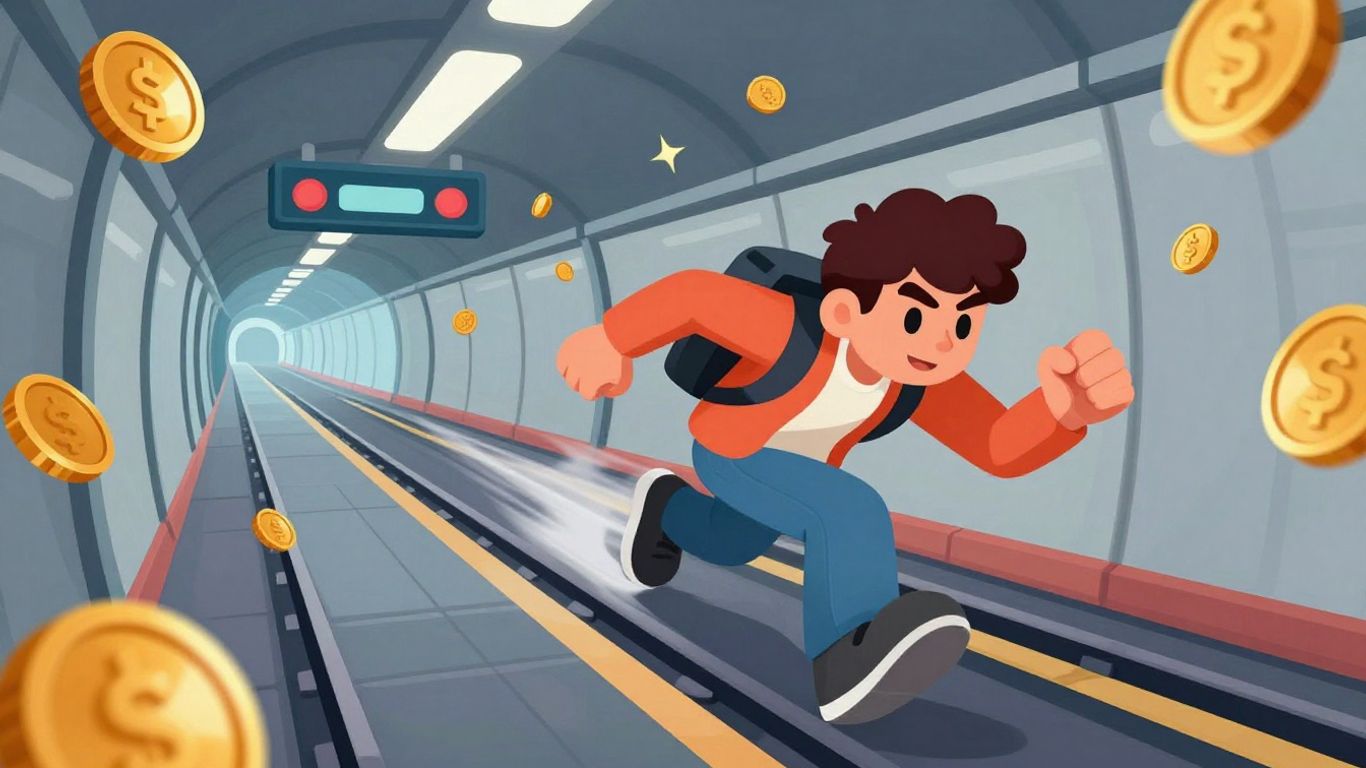 Subway run game character dodging obstacles in a tunnel.
