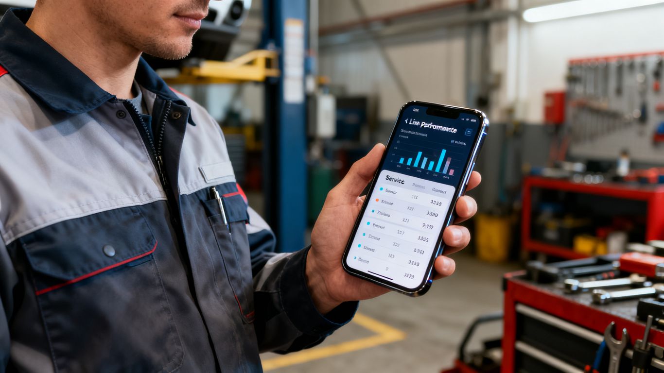 Technician reviewing service data on smartphone screen