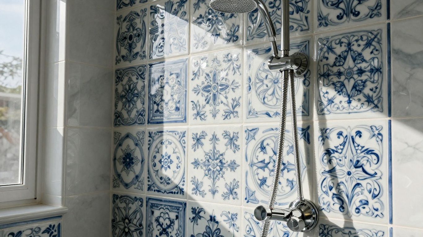 Elegant porcelain tile shower with artistic touches.