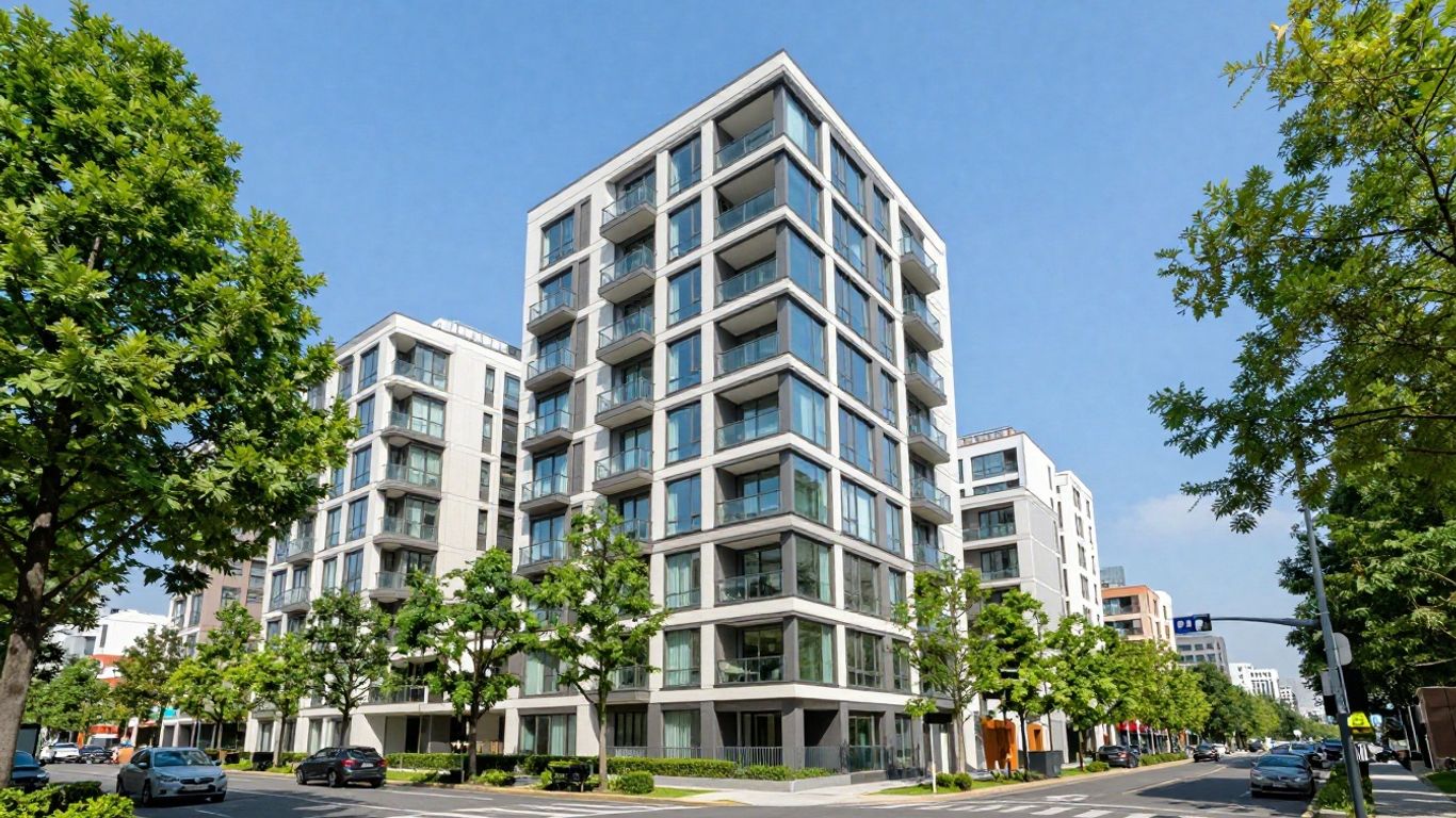 Oaks on Market Melbourne apartment building exterior with trees and city view.