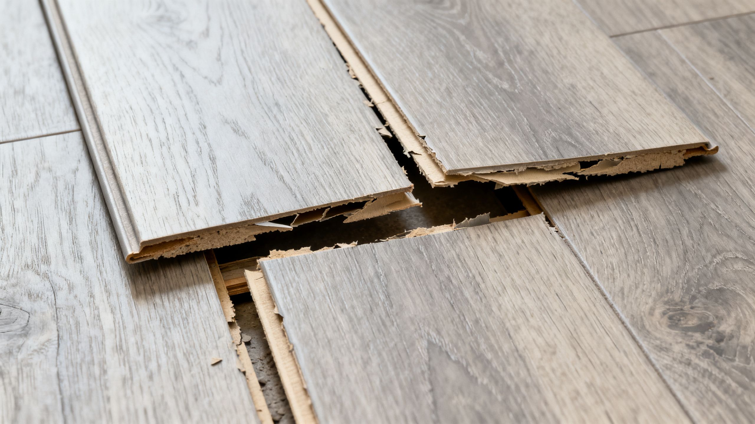 Raised and separated laminate planks showing peaking, gapping and lifting after an incorrect installation