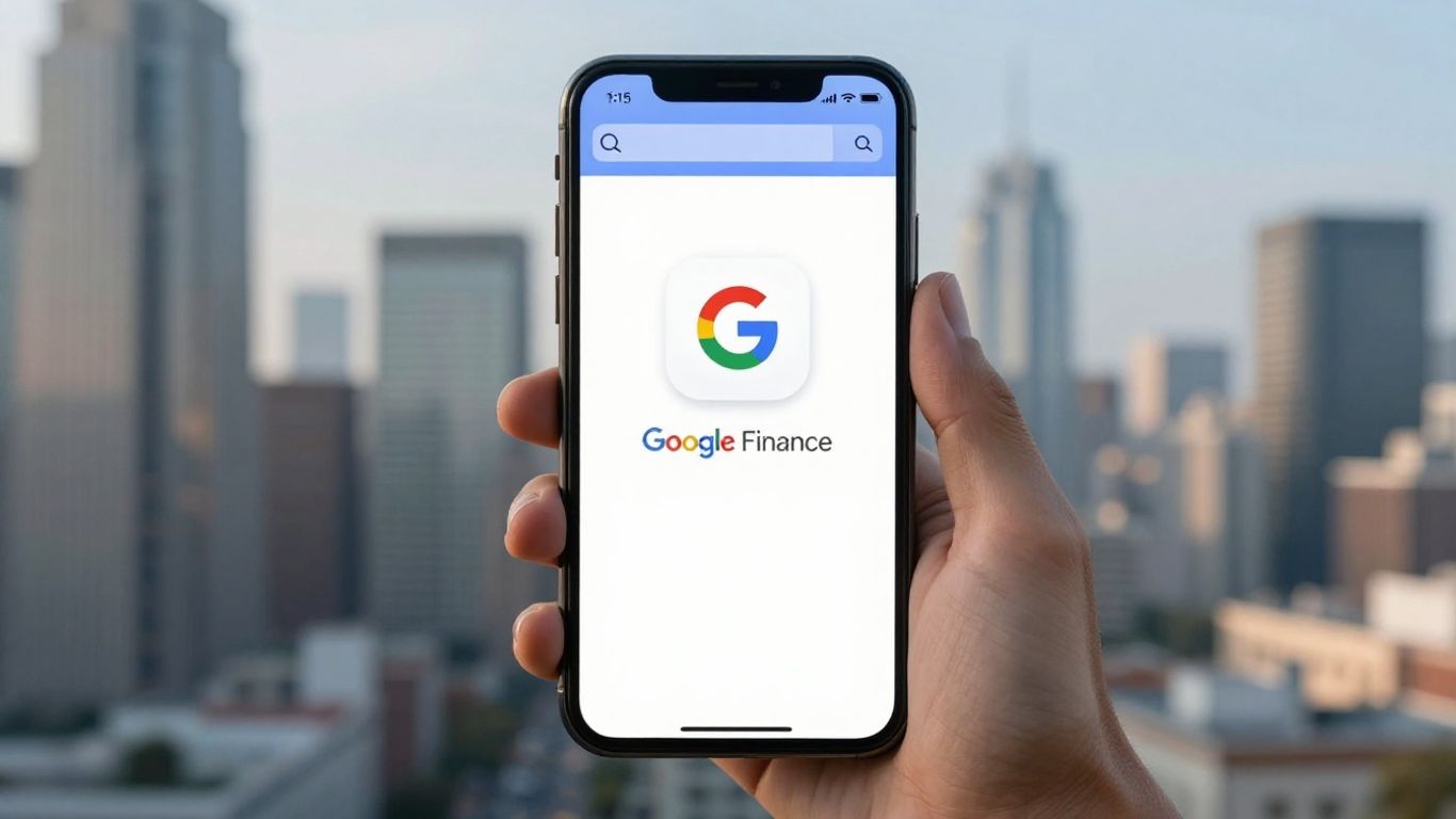 Smartphone with Google Finance app icon and cityscape background.