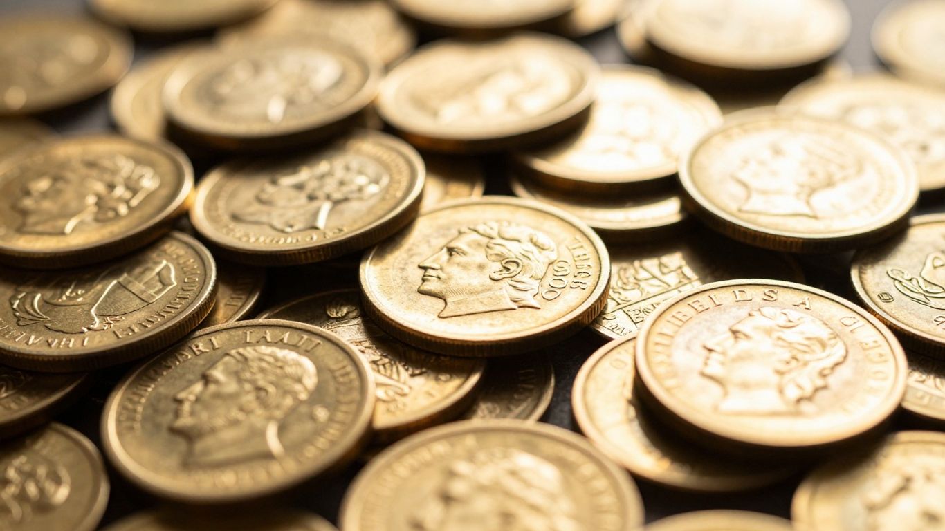 Oude en moderne gouden munten, opgestapeld en verspreid.