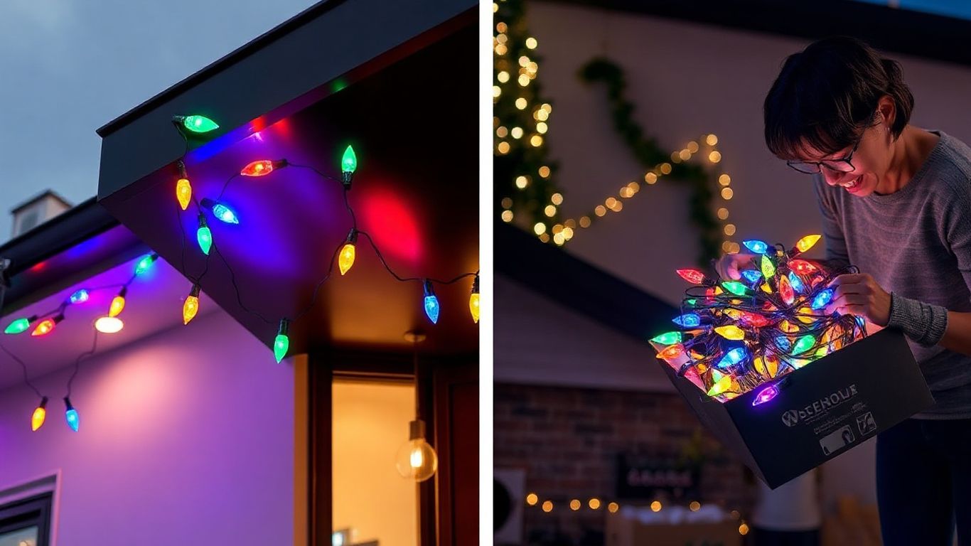 Permanent vs. seasonal Christmas lights on a home.
