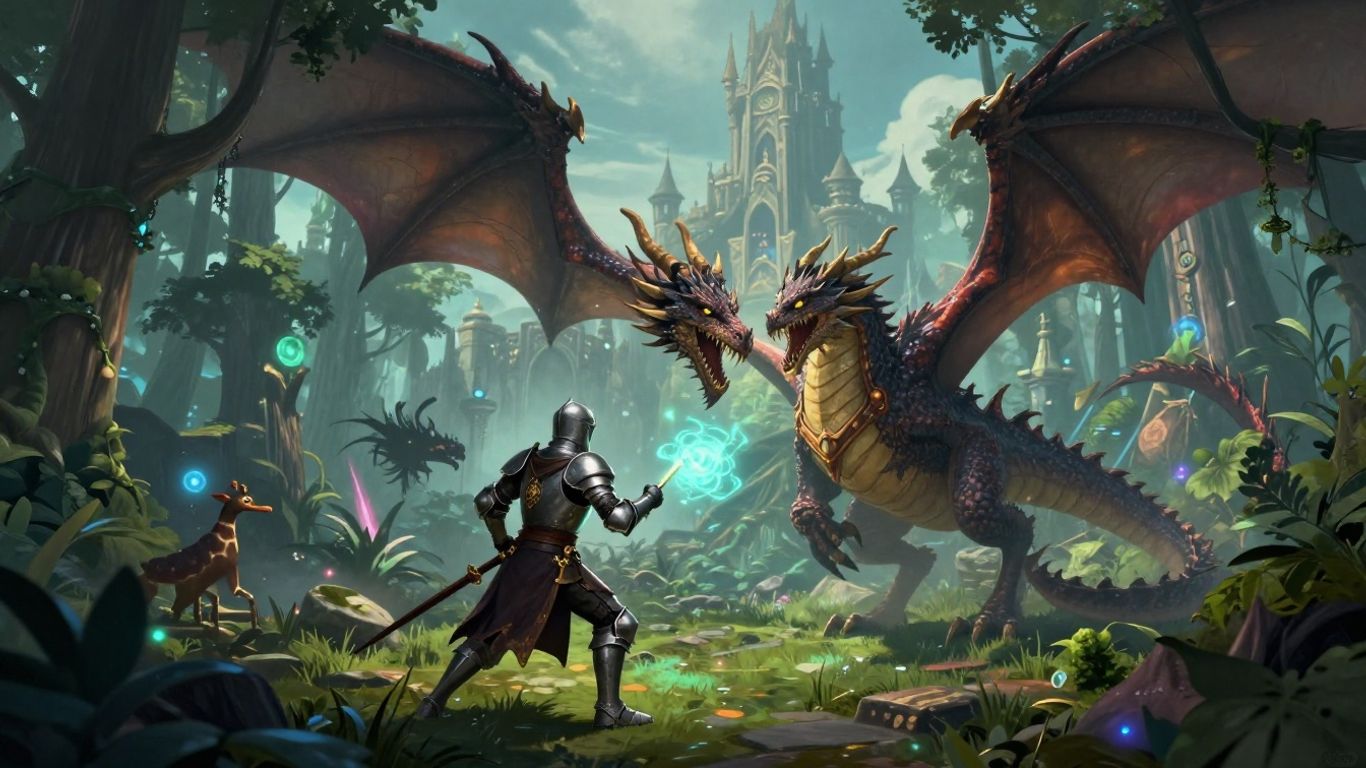 Fantasy RPG characters battling a dragon in a magical landscape.