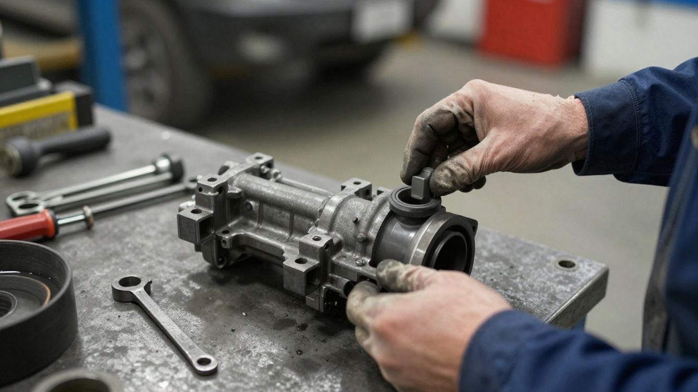 Inspected used gearbox mount on workshop bench