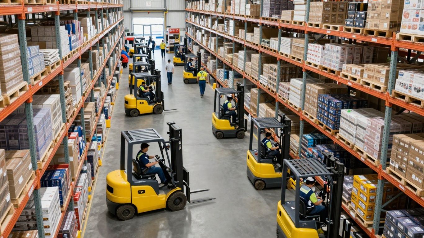 Warehouse operations team working efficiently in a distribution center.