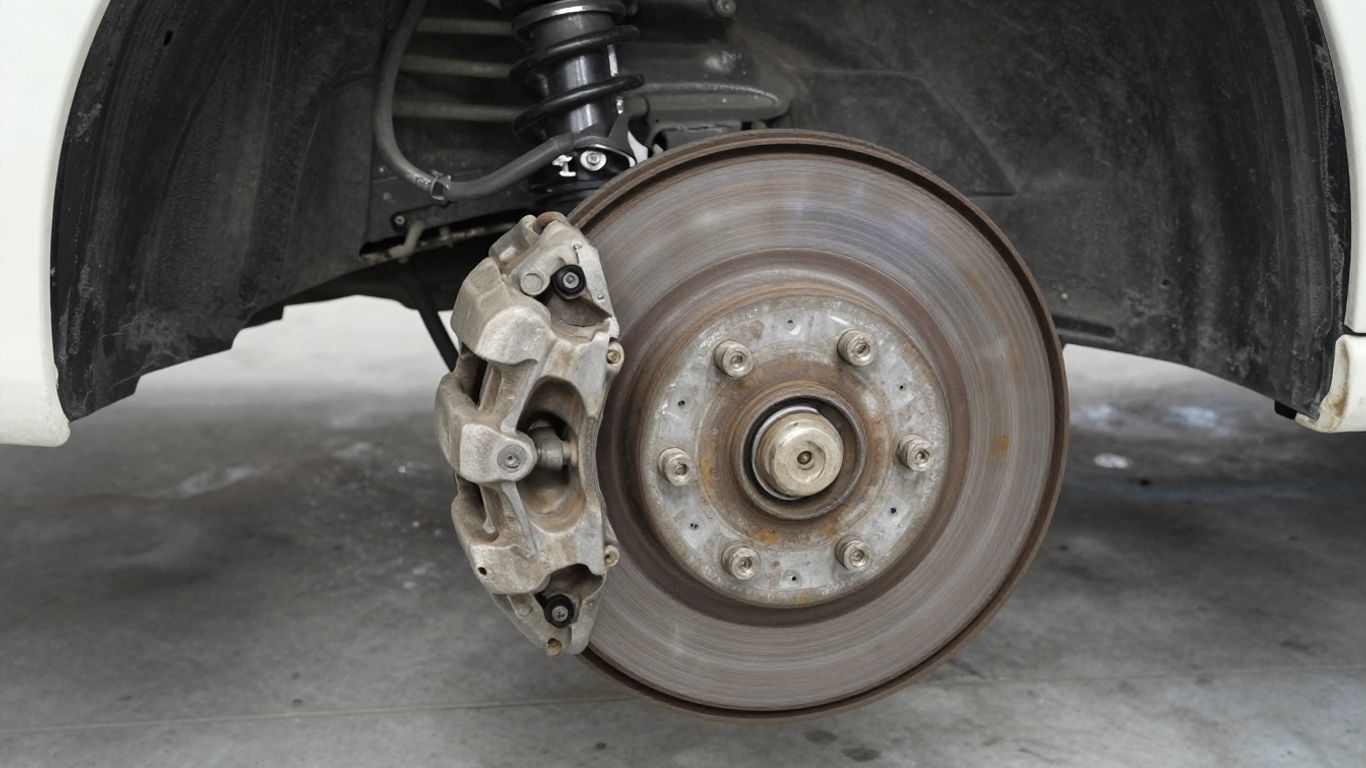 Close view of a brake caliper beside its rotor