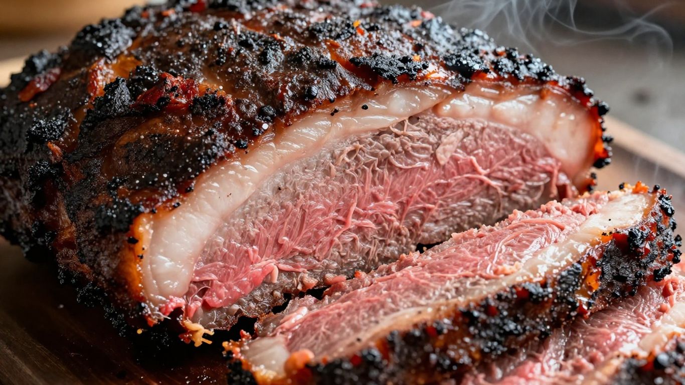 Juicy smoked brisket, sliced, with a dark bark.