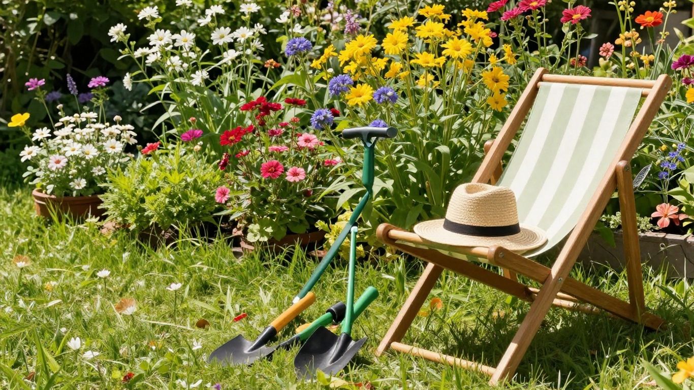 Sommergarten mit Blumen, Gartenwerkzeugen und Sonnenhut