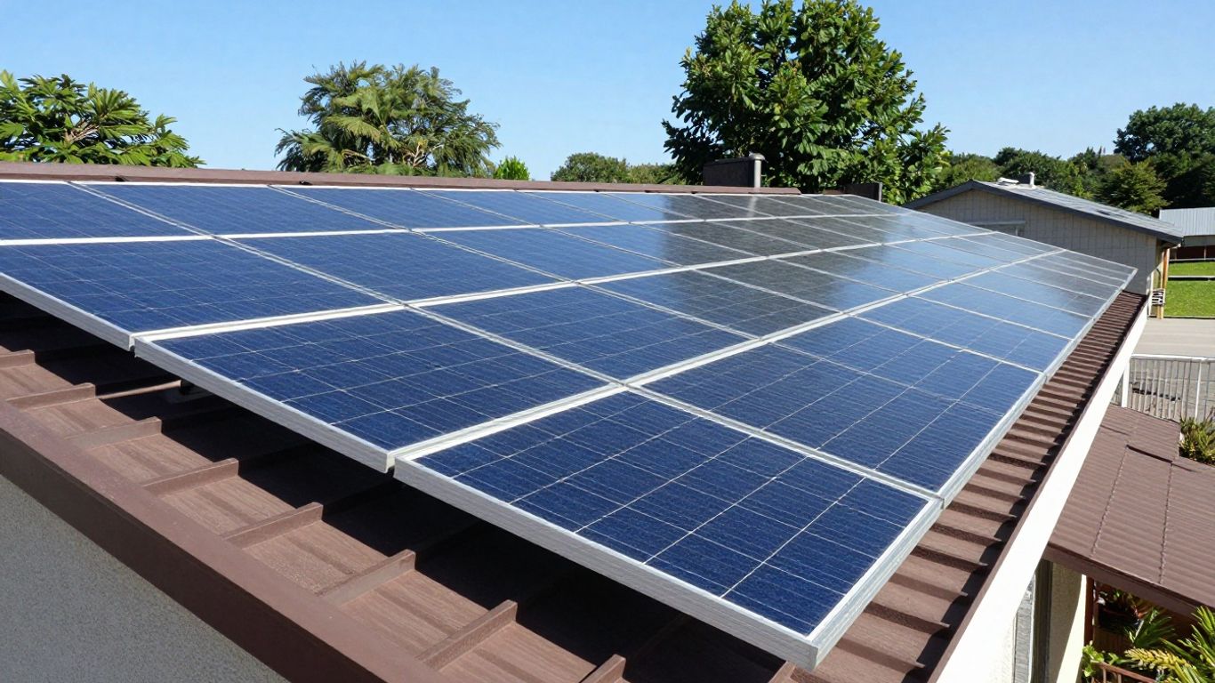 Solar panels on a sunny residential roof.