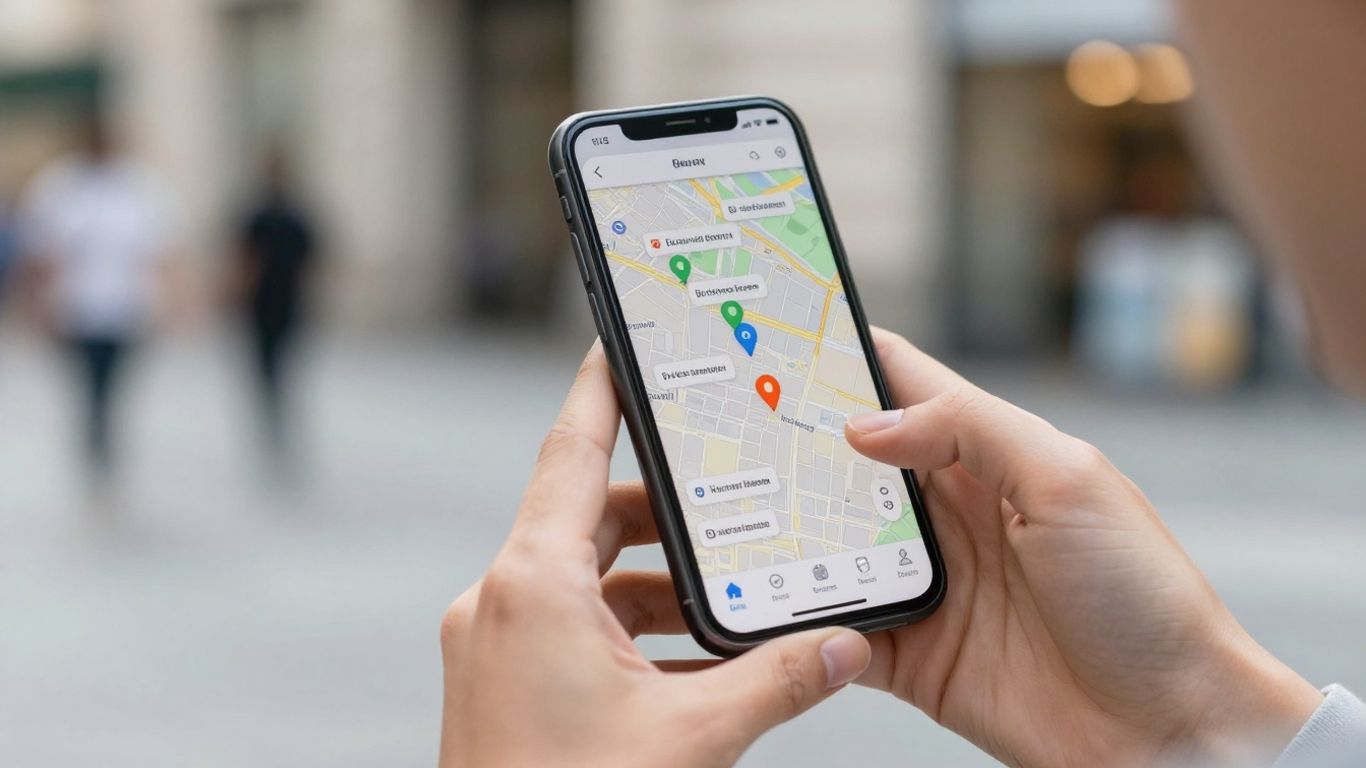 Hands holding phone with map of local businesses.