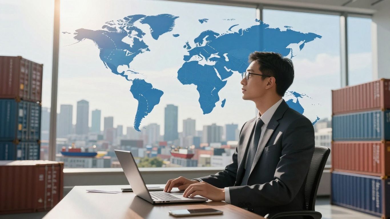 Freight broker planning global shipping routes on a map.