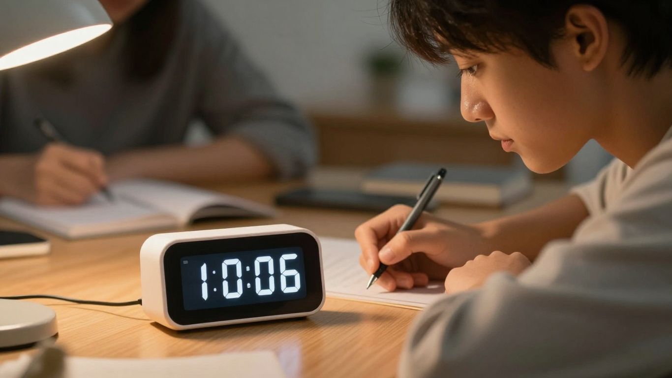 Student studying with a focus timer on desk.