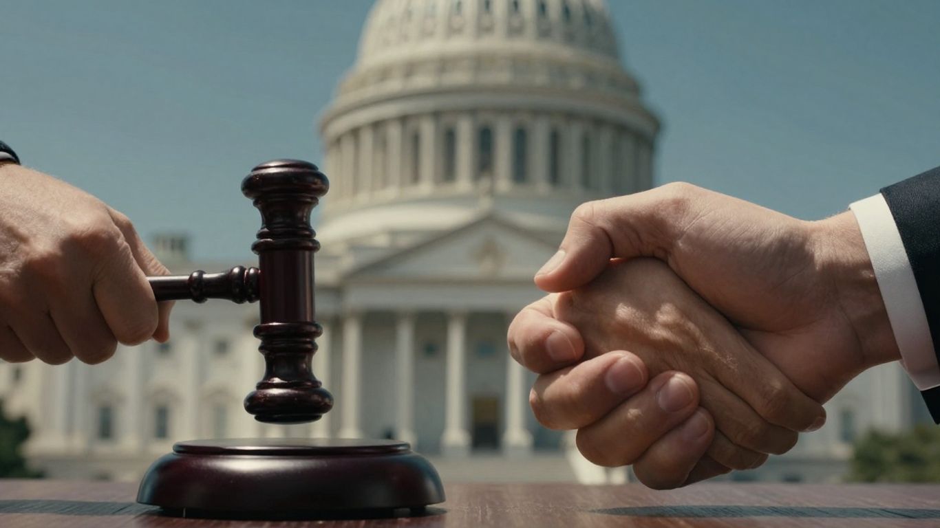 Senate building, gavel, and handshake symbolizing negotiation.