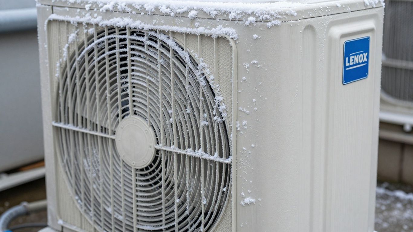 Iced-over Lennox AC unit outdoor condenser coil.