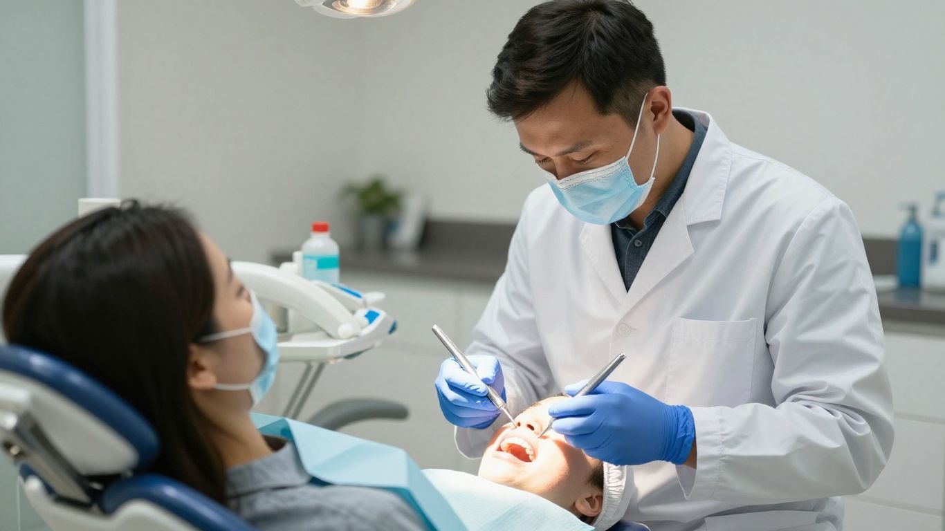Dentist examining patient's teeth in a bright dental office.