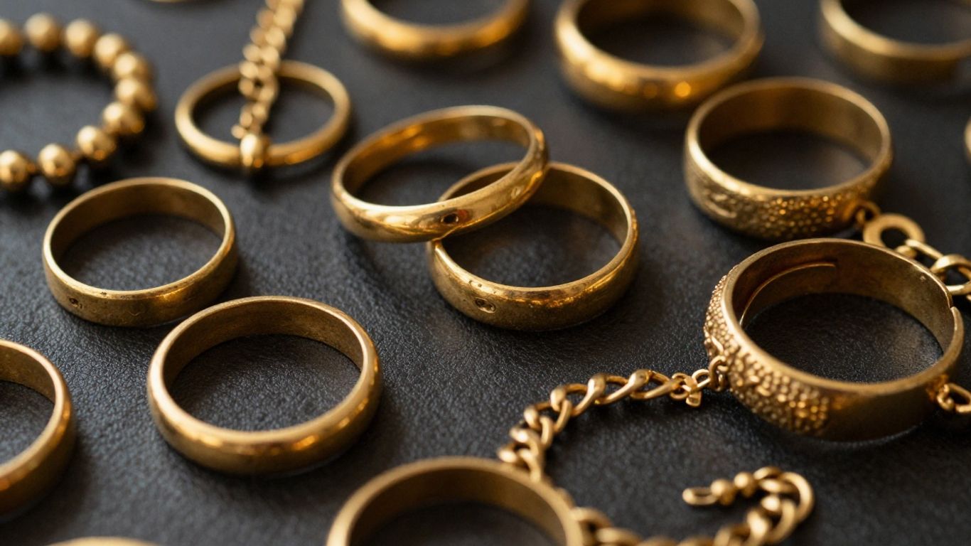 Vieil or bijoux, bagues, colliers, bracelets sur fond sombre.