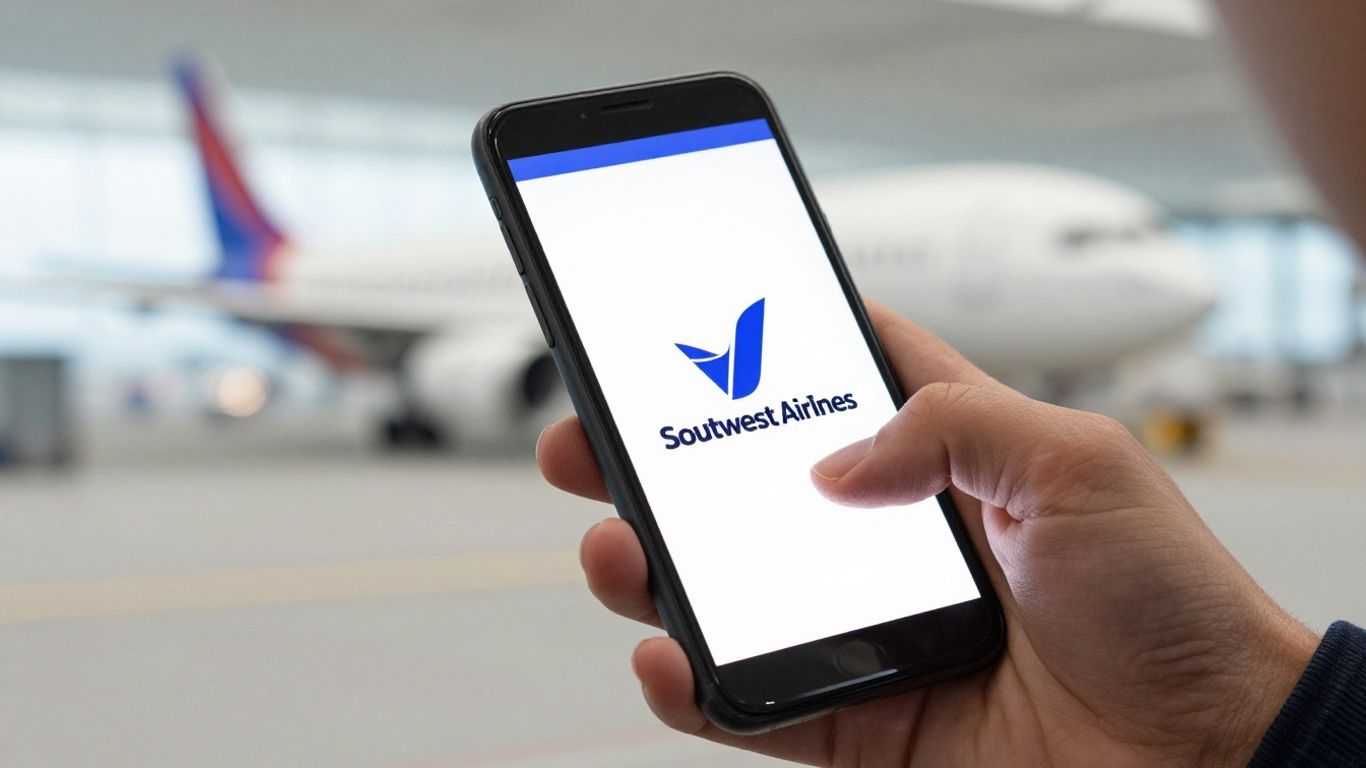 Southwest Airlines booking phone number on a smartphone screen.