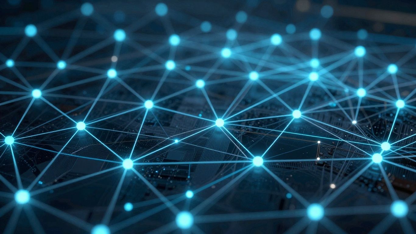 Digital network with glowing connections and nodes.