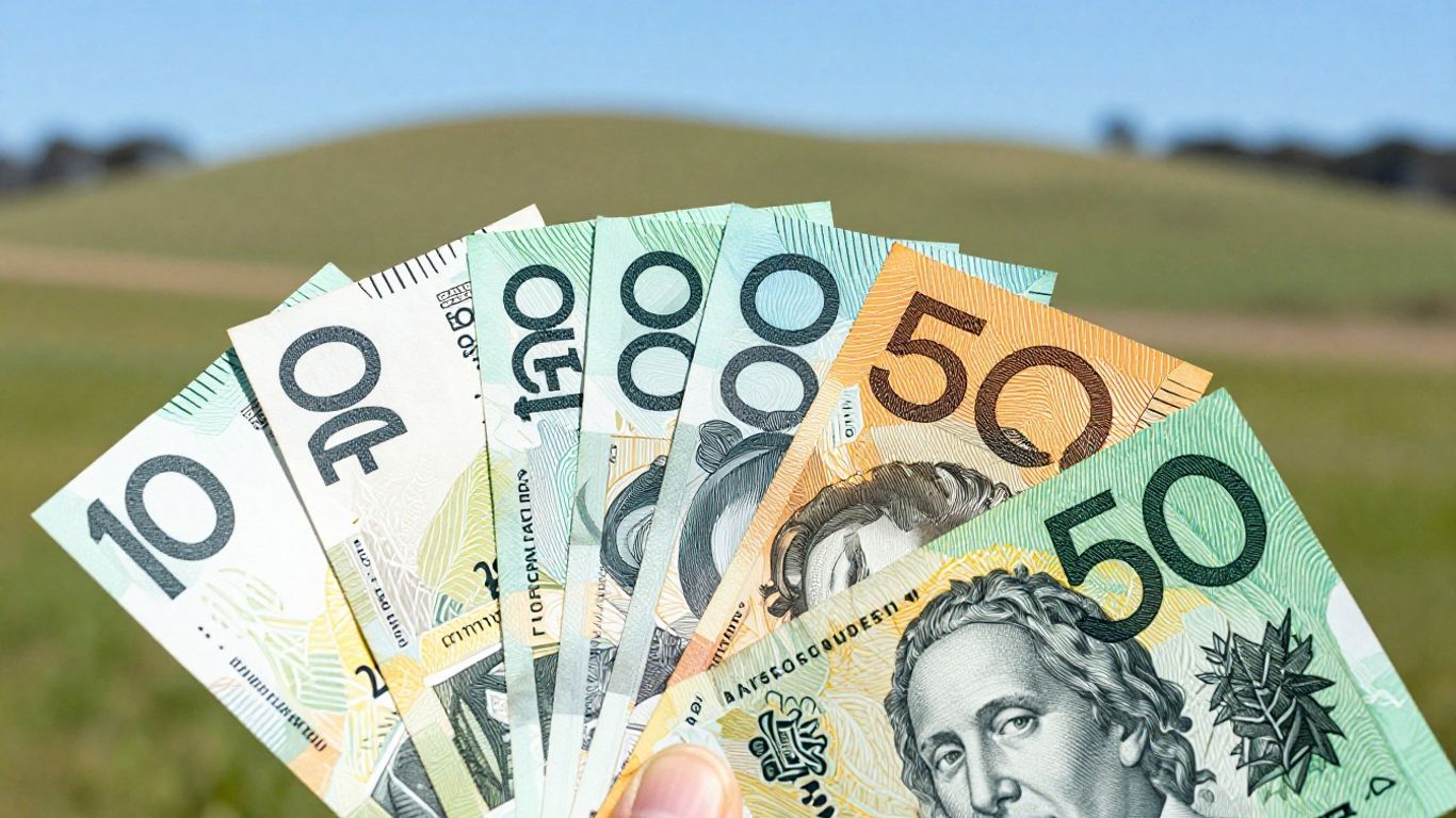 Australian currency stacked with landscape background.