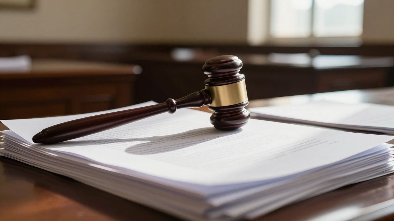 Gavel on legal documents, courthouse background.