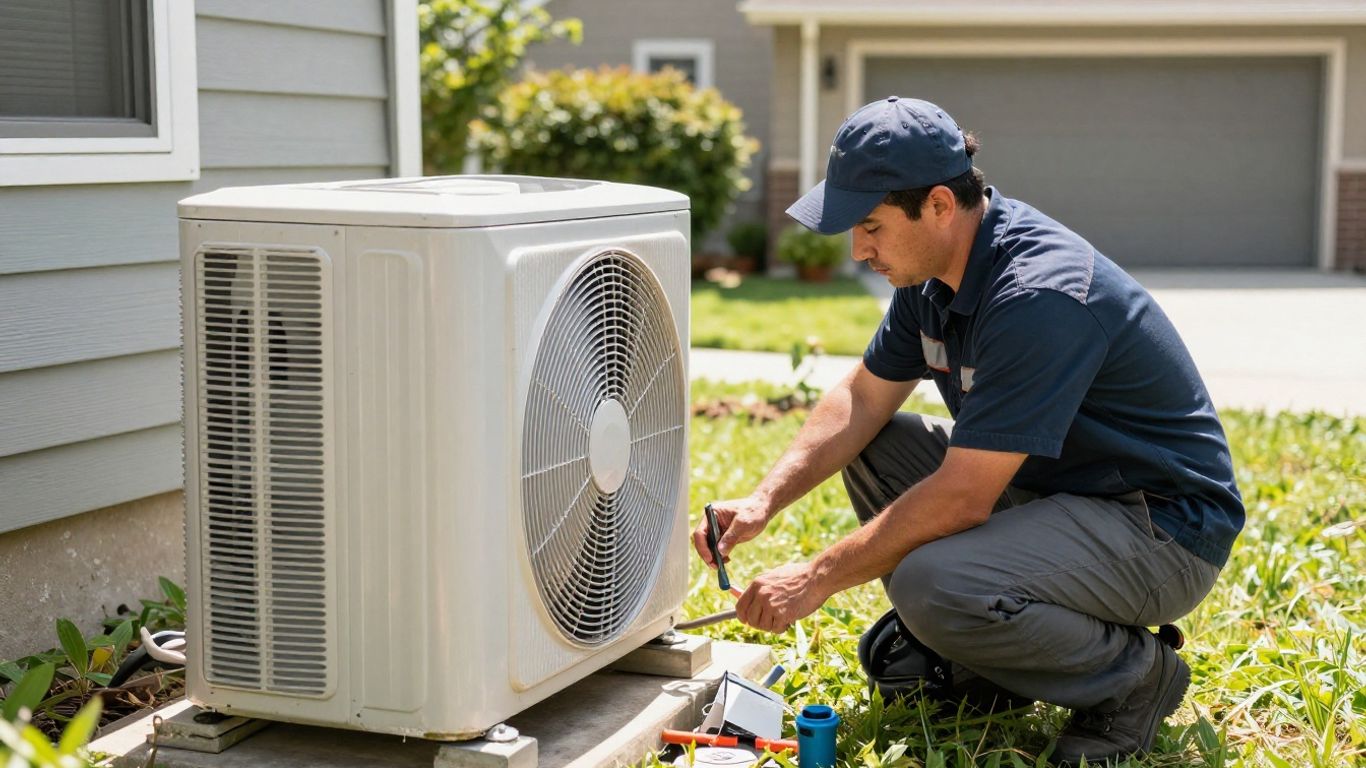 AC repair technician working on an outdoor cooling unit.