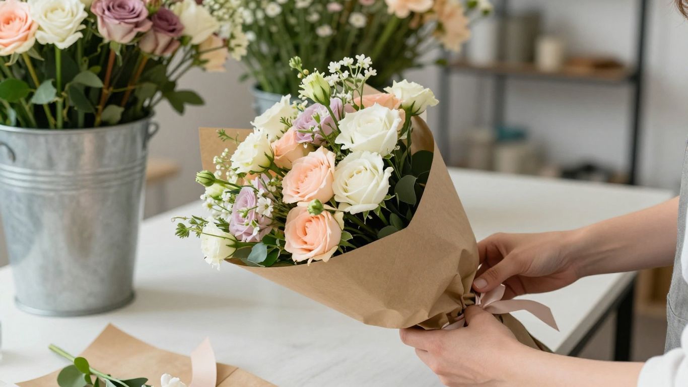 Florist preparing a wrapped bouquet for local delivery