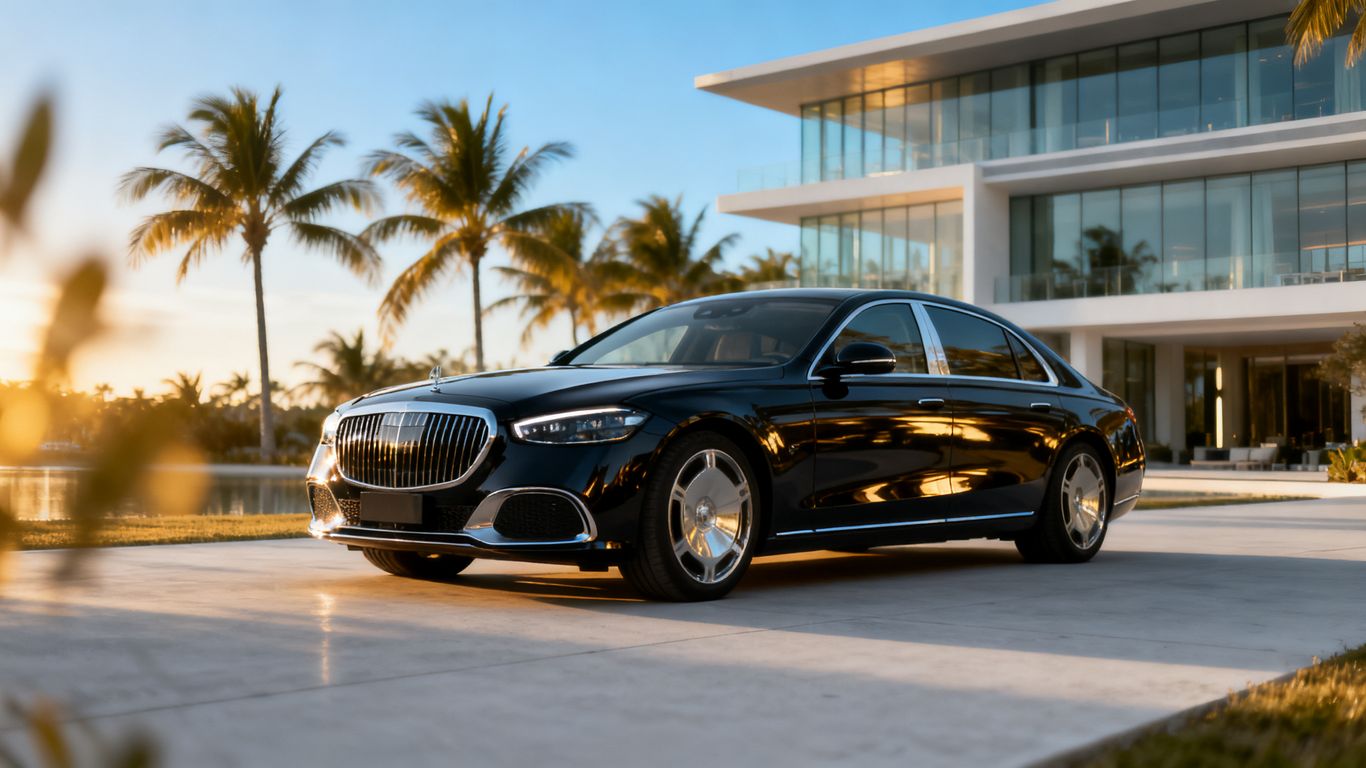 A clean black luxury sedan waiting outside a building