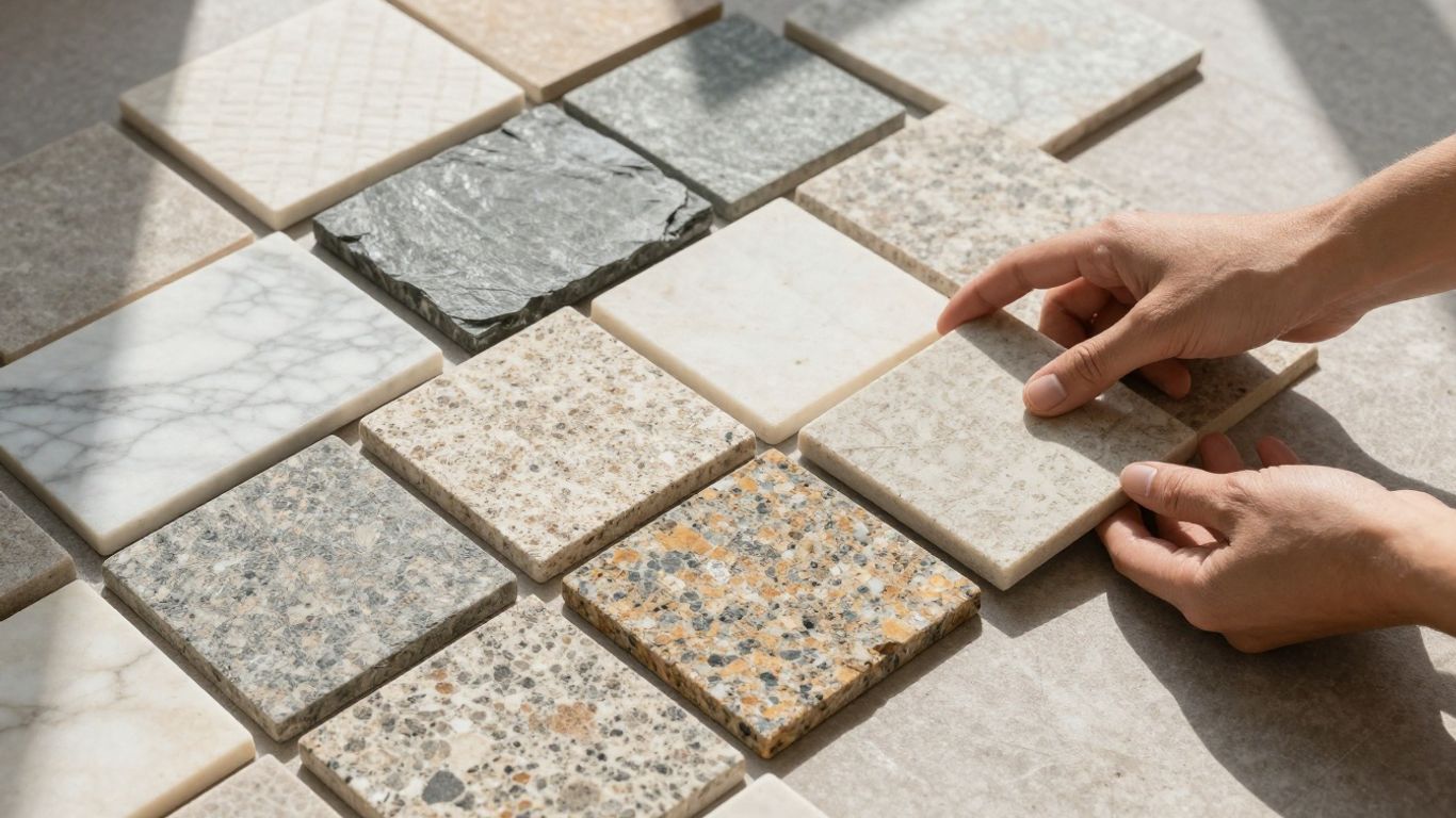 Natural stone tiles sketch with homeowner's hand