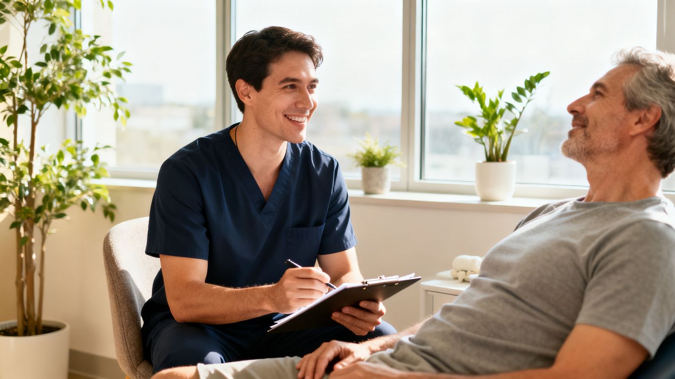 Chiropractor discussing sleep habits with a relaxed patient